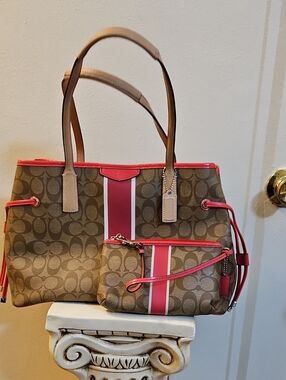 Coach Brown Signature Tote with Pink Stripe and Trim and Matching Wristlet
